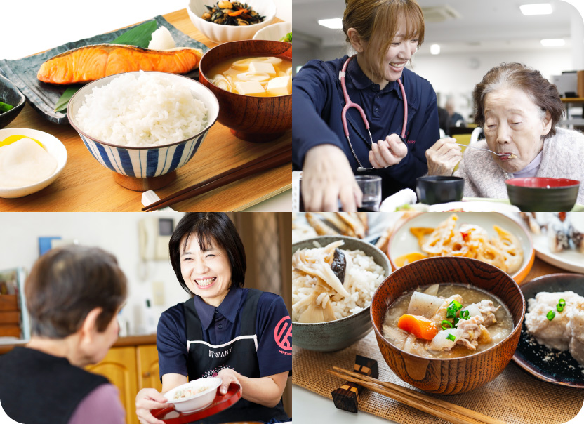 ご飯の写真とご飯を食べる入居者